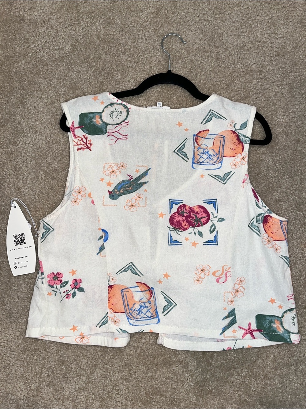 Cali 1950 Cream Floral Tie-Front Vest Linen Blend XL Summer Travel - Picture 5 of 6